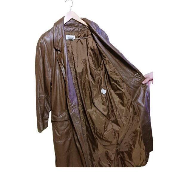 Vintage 80s Together Leather Double Breasted Maxi Trench Coat Brown Womens Sz 16 - Picture 13 of 16